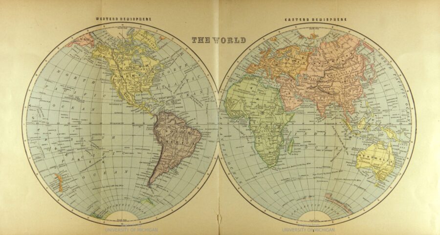 Vintage 1894 double-hemisphere world map published by Dodd, Mead and Company