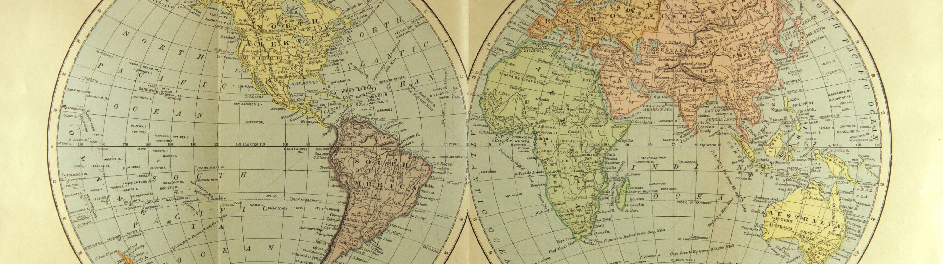 Vintage 1894 double-hemisphere world map used as the Travel Resources header