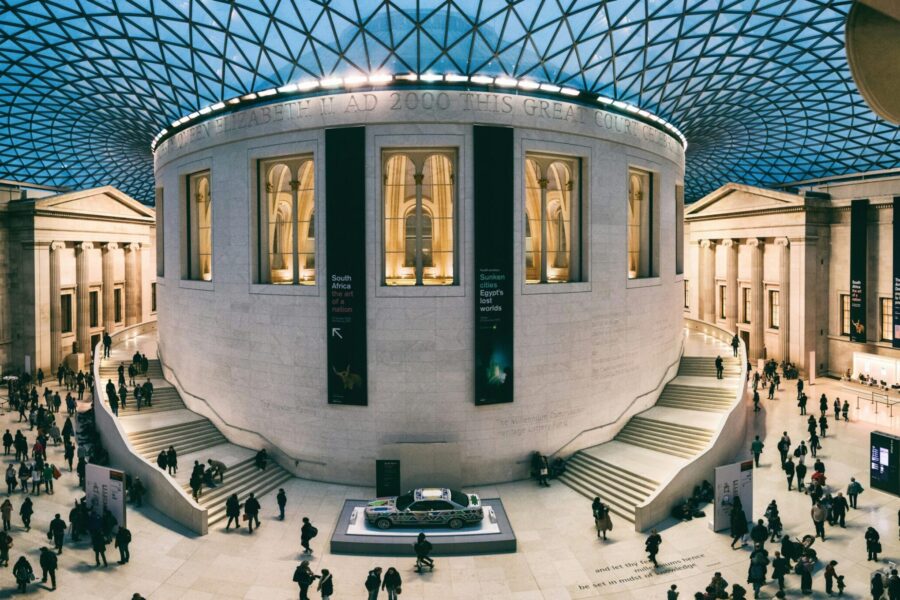 British Museum Great Court with the circular Reading Room and glass roof in London