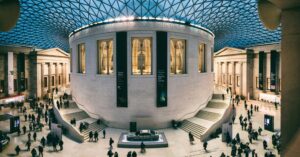 British Museum Great Court with the circular Reading Room and glass roof in London