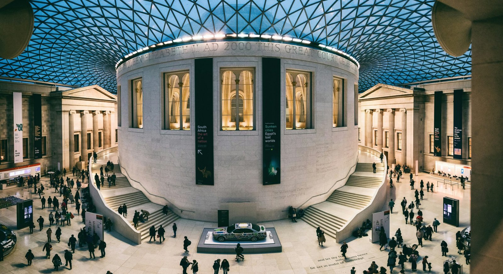 The glass-roofed Great Court inside the British Museum in London