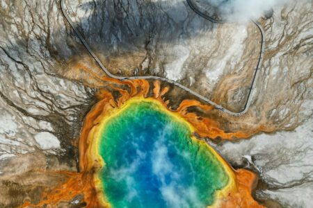 Aerial view of Grand Prismatic Spring showing vivid geothermal colors in Yellowstone National Park