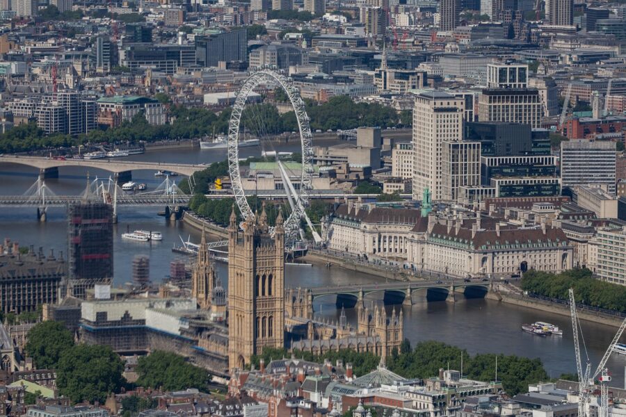 Aerial view of the London Eye beside the River Thames and South Bank in central London