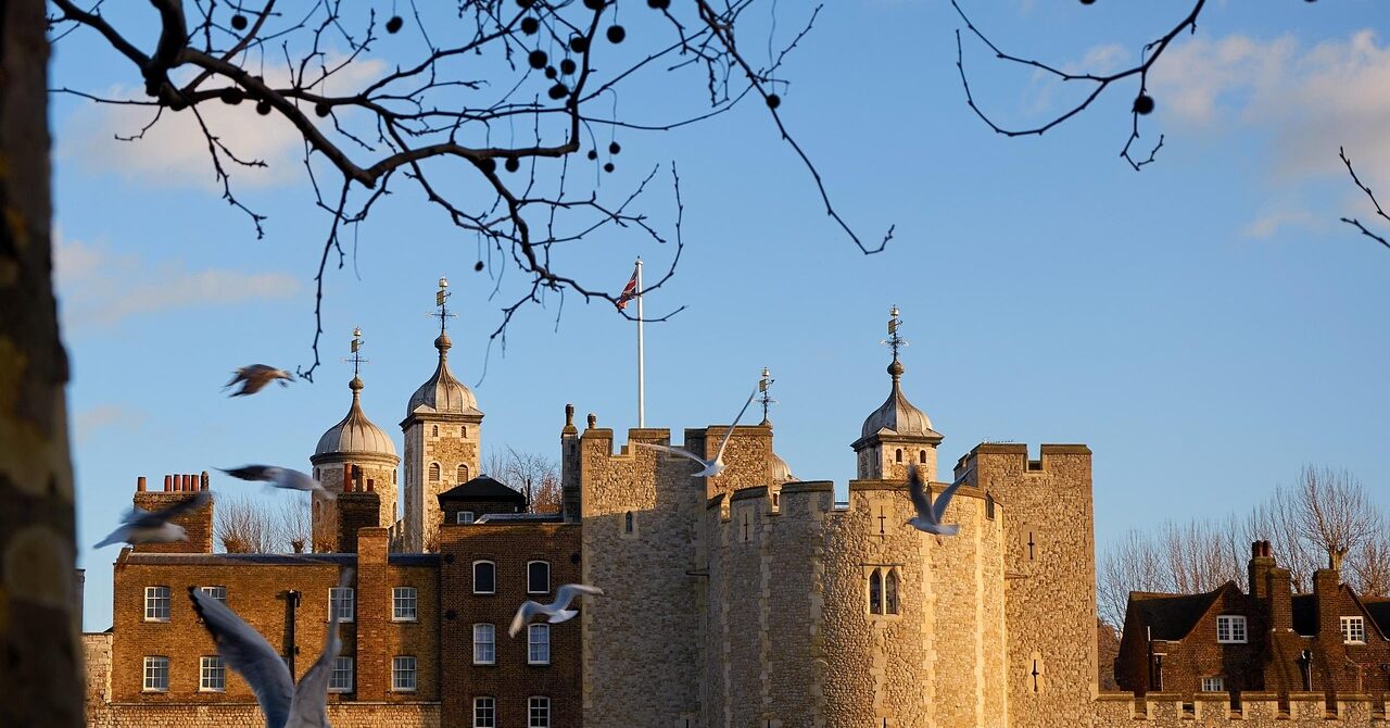 Tower of London fortress in warm evening light with birds flying in front